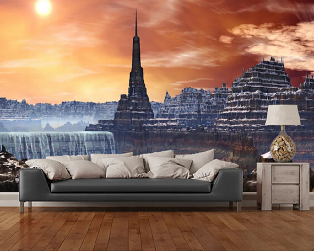 Custom landscape wallpaper. Alien Fortress overlooking Waterfall for living room bedroom kitchen wall waterproof PVC wallpaper |
