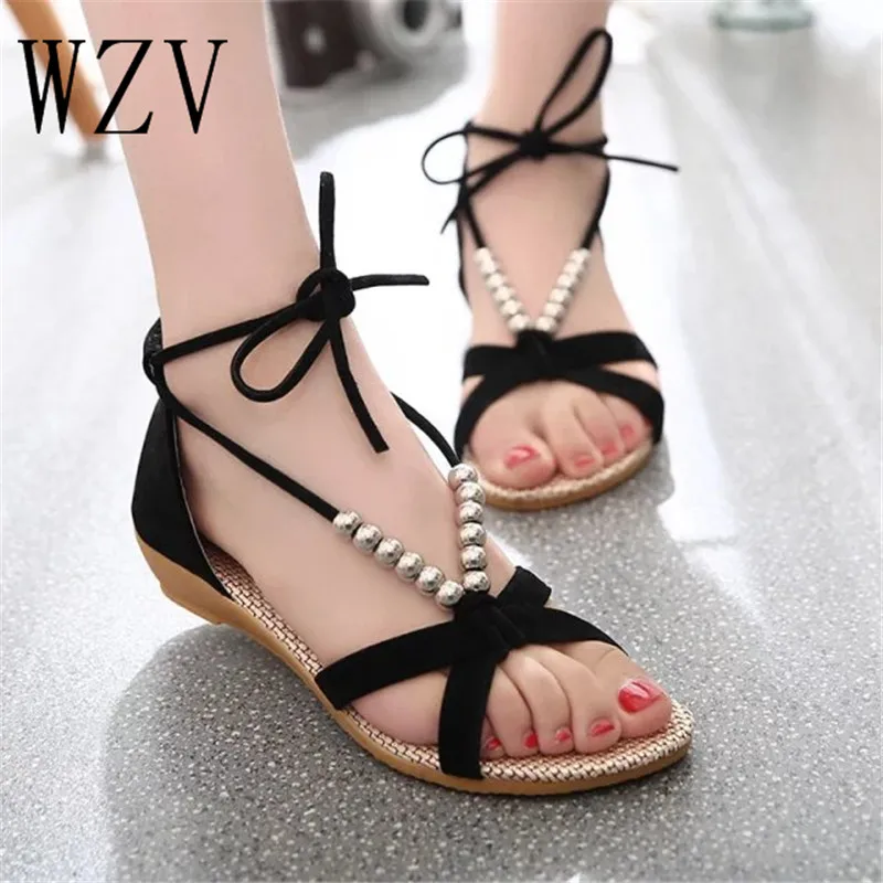 

WZV Summer Flip Flops Women's flat Sandals String Bead Black Elastic Bands Flat Shoes Gladiator Sandalias Mujer for Women