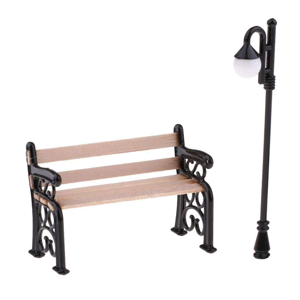 1/12 2 Pieces Dollhouse Furniture Lifelike Dollhouse Garden or Park Mini Wooden Bench & Street Lamp Kids DIY Decoration