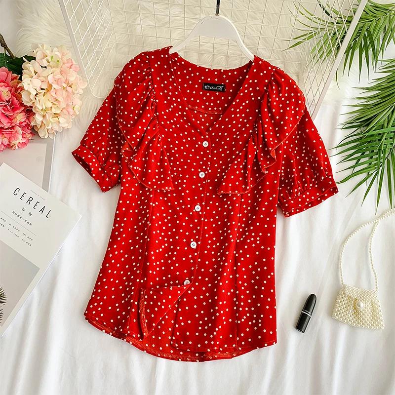 

2019 new fashion women's blouse shirt sweet dot ruffled short-sleeved V-neck loose chiffon shirt