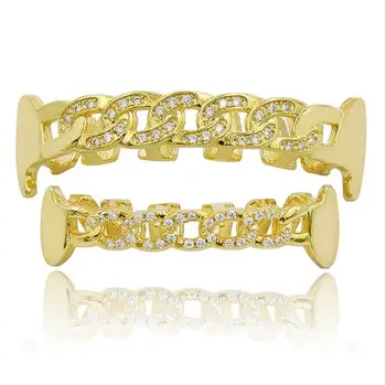

micro pave cz hip hop bling Gold color Teeth GRILLZ Top Bottom Cuban chain design unique tooth clip grill jewelry