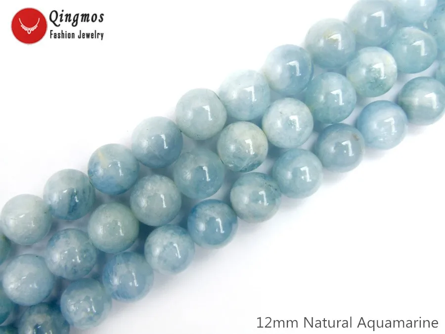 

Qingmos Natural 12mm Round Blue Aquamarines Stone Loose Beads for Jewelry Making Necklace Bracelet Earring DIY 15" los814