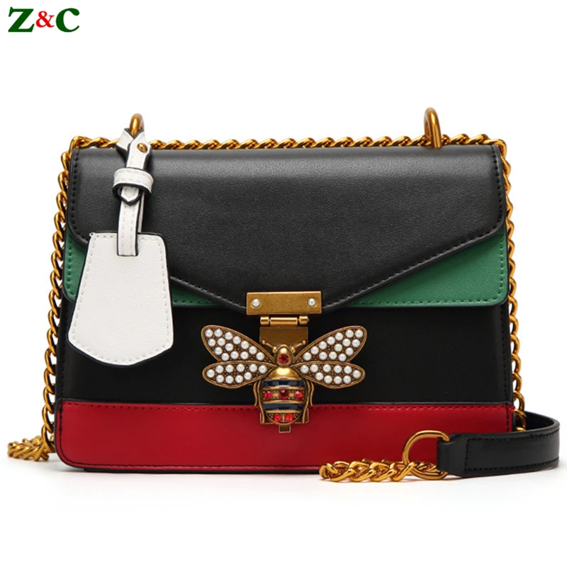 

Retro Pearls Color Splicing Little Bee Bags Gold Chain Handbags Spring and Summer New Star with A Lovely Shoulder Messenger Bags