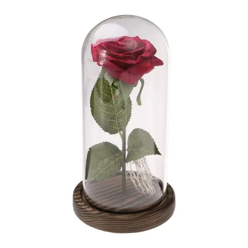 Red Silk Rose And Led Light In A Glass Dome On A Wooden Base For