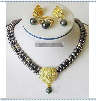 

-hotGenuine Black Pearl 18KGP Crystal Pendant Necklace Earring Ring Set new