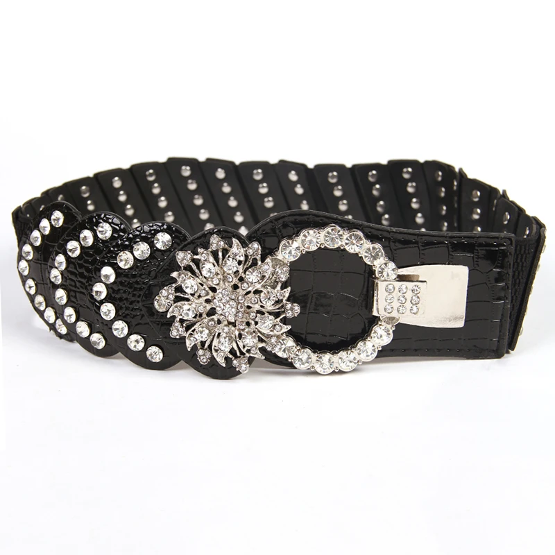 Flower Rhinestones Hook Buckle Wide Belts Women's Elastic Waistband