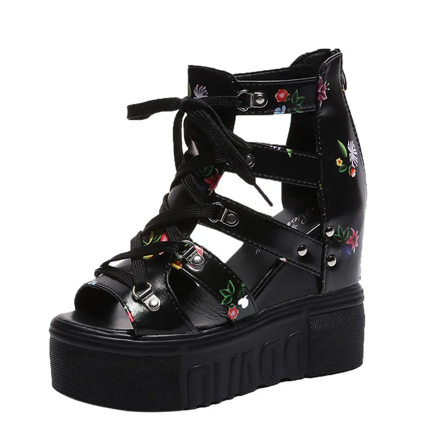 JAYCOSIN/Женская обувь; Летние босоножки на танкетке; модные римские сандалии на высоком каблуке с перекрестными ремешками и цветочным узором; сандалии в повседневном стиле; jun4