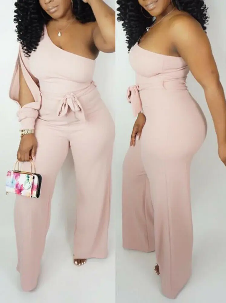 Комбинезоны для женщин Модный женский комбинезон вечерние Playsuit комбинезон с одним плечом длинные брюки плюс размер - Цвет: Розовый