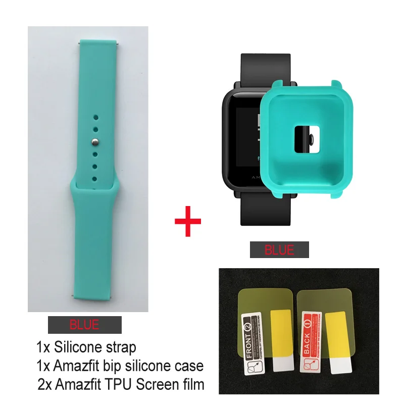 4в1/упаковка силиконовый мягкий ремешок для Xiaomi Huami Amazfit Bip BIT Молодежные часы браслет резиновый Amazfit bip чехол Крышка - Цвет: blue strap-blue