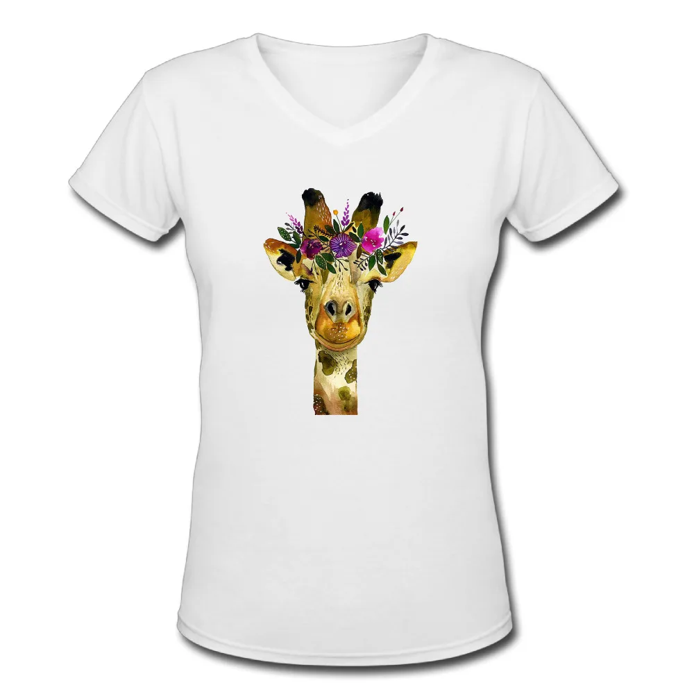 Flower Giraffe Women T Shirt Short Sleeve Women's Summer Style Tops V