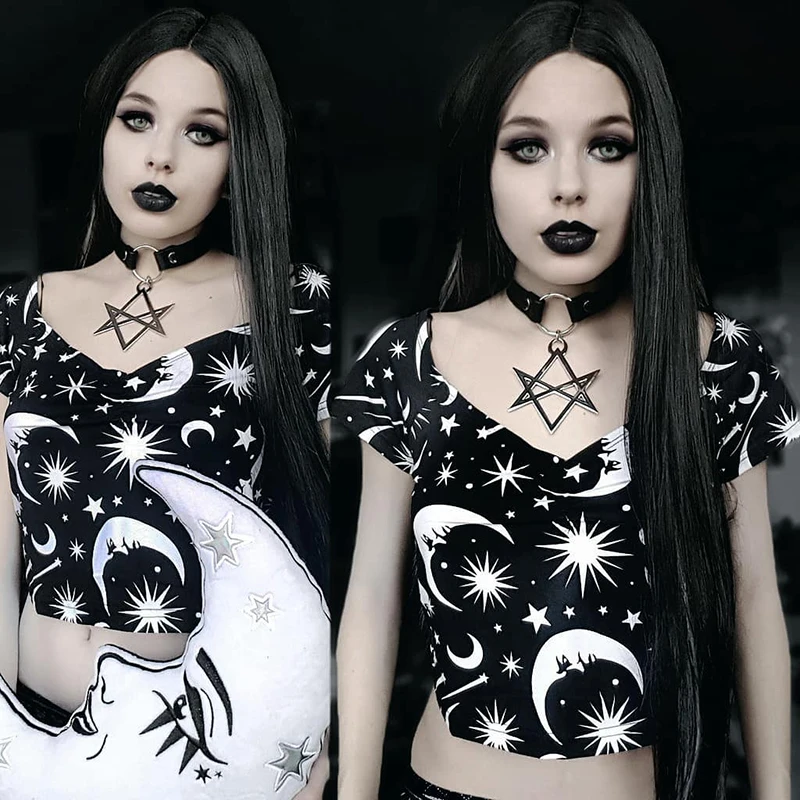 InstaHot Star Moon Printed Skirts High Waist Gothic Stretchy Pleated Skirt Harajuku Casual Punk Mini Black Skirts Summer Fashion