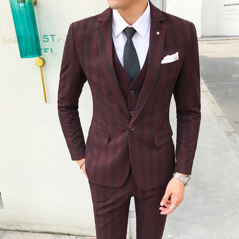 3 Pieces Men's Suit Korean Style Casual Striped Suit Men Clothes Dress Slim Fit Wedding Prom Formal Mens Suits with Pant Vest 3 Pieces Men's Suit Korean Style Casual Striped Suit Men Clothes Dress Slim Fit Wedding Prom Formal Mens Suits with Pant Vest