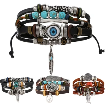 

FAMSHIN BOHO Tibet Stone Feather Multilayer Leather Bracelet Eye Fish Charms Beads Bracelets for Men Vintage Punk Wrap Wristband