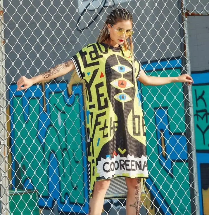 

2020 Fashion Printed Dresses For Women Yellow Straight Loose Long T Shirts Dress Streetwear Hip Hop Dance Clothes