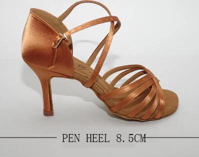 Обувь для латинских танцев; женская Обувь для бальных танцев; Каблук 8,5 см; Высококачественная импортная атласная обувь для самбы; BD dance 216; темный цвет; мягкая подошва - Цвет: pen heel 75mm