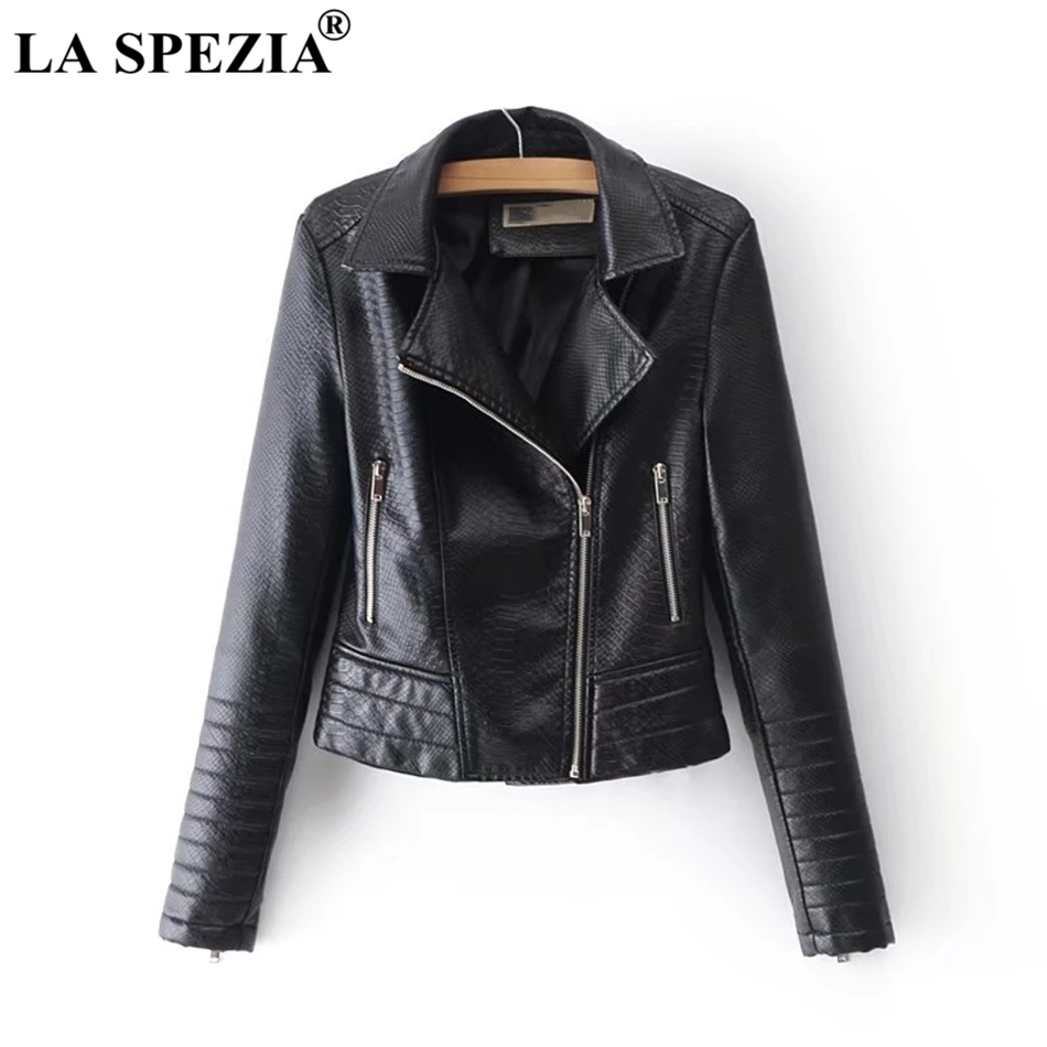 LA SPEZIA Leather Jacket Women Black Biker Jackets Female Zipper Pockets Motorcycle Punk Ladies Autumn Winter Classic Short Coat