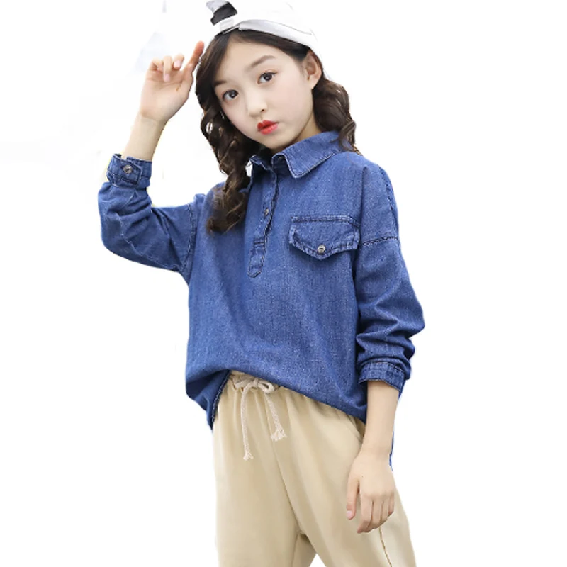 

2019 hot sale girls Denim shirt pocket Denim pullover soft and comfortable tops girls gift spring summer outwear Korean leisure