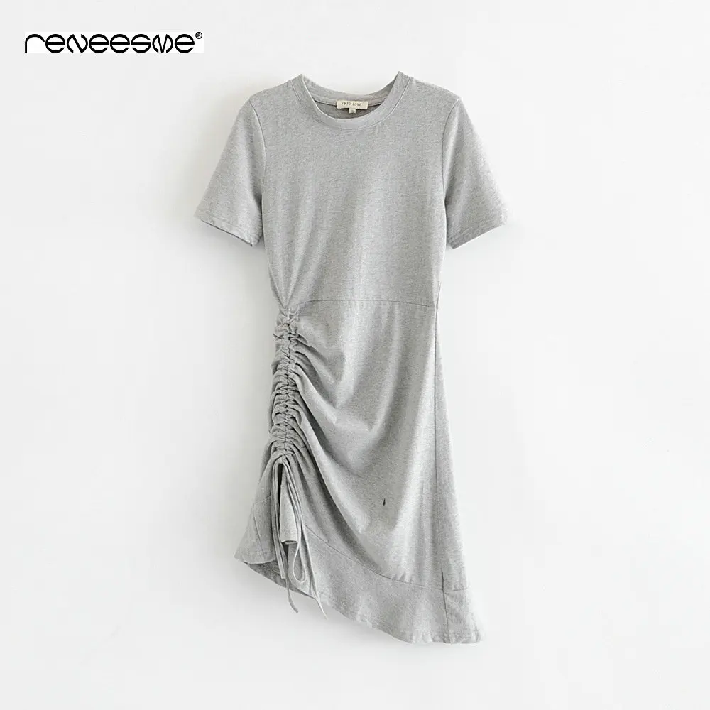 

2019 new summer short sleeve o neck women dress lace up pleated solid black gray sheath knee-length ladies dresses chic vestidos