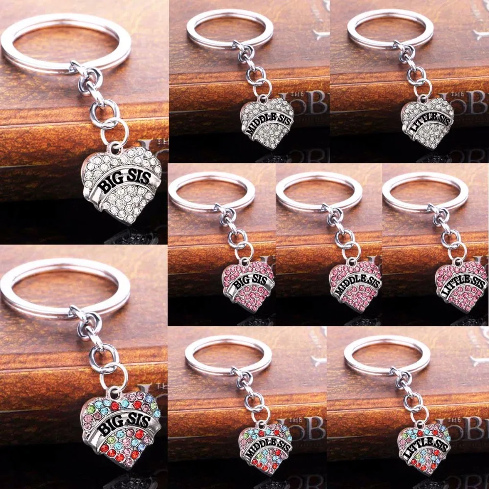 

Love Heart Charms Keychain Crystal Big Middle Little Sis Sister Keyring Gift For Women Girl Family Best Friend Jewelry Key Chain