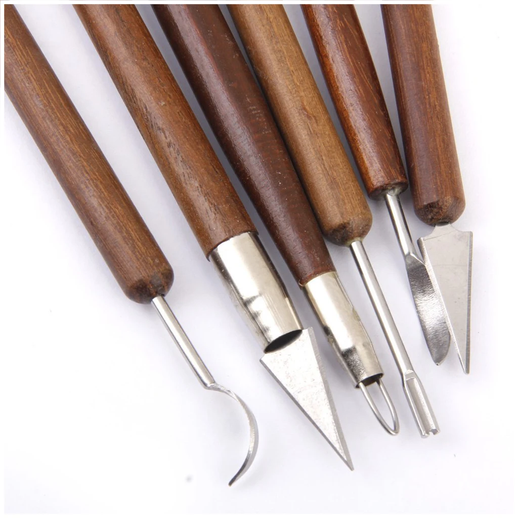 Pottery Clay Sculpture Carving Modeling Tools Wooden Handle Set of 6pcs