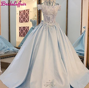 Свадебное платье из сатина с v-образным вырезом и аппликацией на реальные фотографии, детские синие платья с цветами - Цвет: same photo