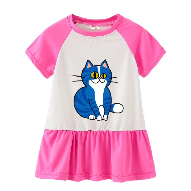 Summer Casual Cat Cartoon Printed Baby Princess Girls Short-Sleeved Dress Rose Red Patchwork Girls Clothes For 2-7 Years Old