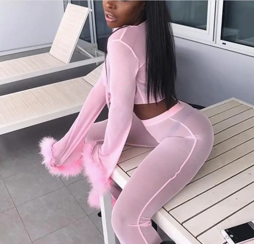 Sexy See Through Pink Mesh Tracksuits Autumn Women Costume Two Piece Set Long Sleeve Fluffy Crop Top And Pants Streetwear | Женская