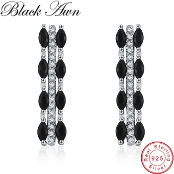 

[BLACK AWN] Fine Jewelry 925 Sterling Silver Earrings Black Spinel Wedding Stud Earrings for Women Female Bijoux I052