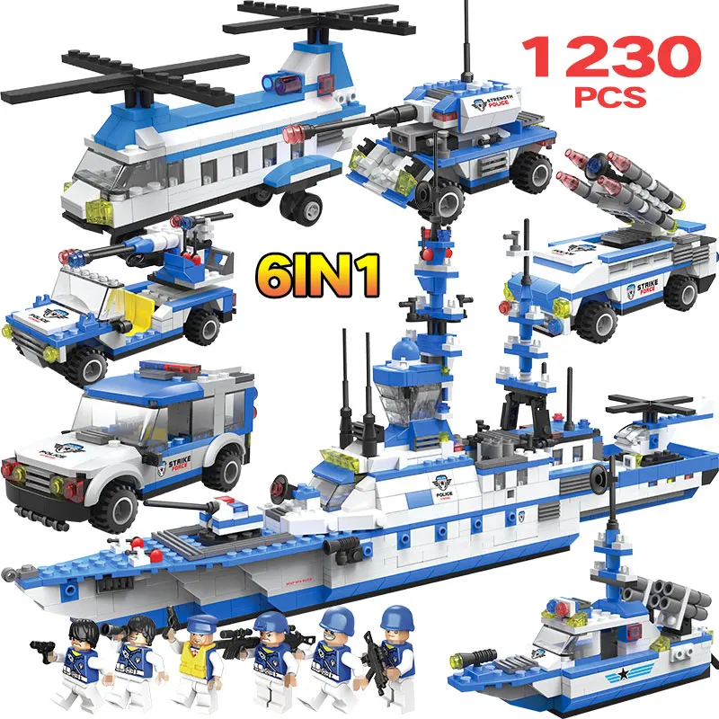 

1230PCS City Police Transport Aircraft Building Blocks LegoINGLY City Police Warship Car Truck Army Soldiers WW2 Bricks Kids Toy