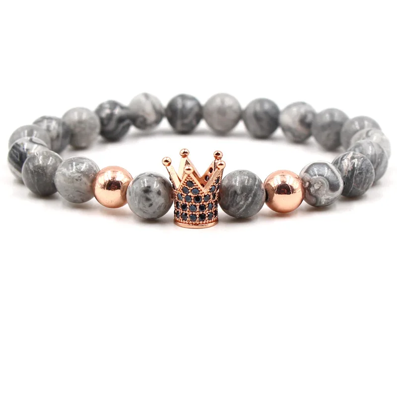 

LIVVY 2018 Charm Bracelet Bracelet 8mm Natural Stone Inlayed Zircon Microman Black Crown DIY Bracelet & Gloves Charm Woman