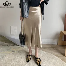 Heydress летние Глянцевая атласная юбка-годе, юбка с высокой талией, серебристого, золотистого цвета юбка миди металлик Цвет вечерние юбка, суженная книзу