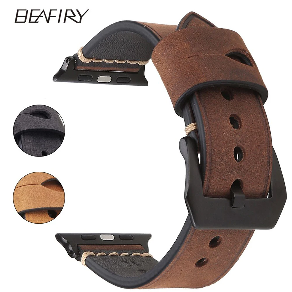 BEAFIRY For Apple watch iwatch Watch Band Straps 42mm Genuine Crazy Horse Calfskin Leather Dark Brown Light Brown Grey