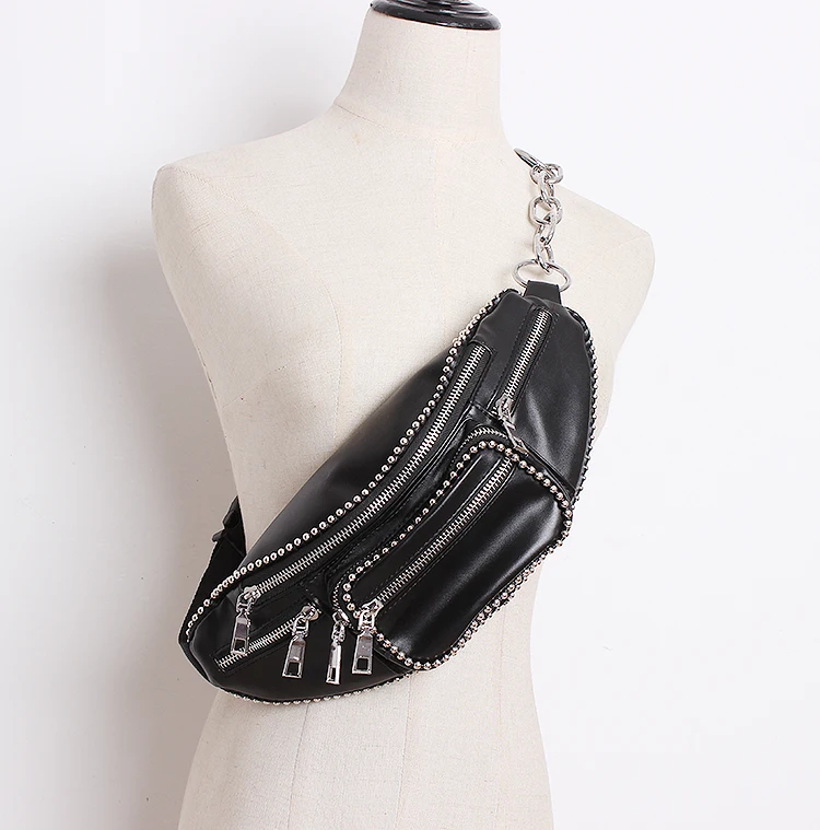 

New Fashion Unisex Chest Bags Chain Rivet Messenger Bag Shoulder Bag Female Zipper Phone Money Waist Packs For Cool Girl 725