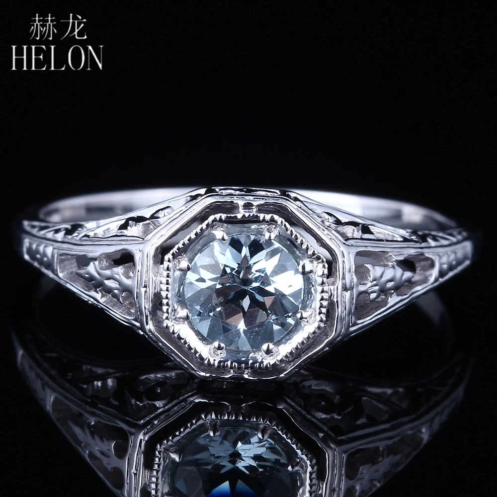 

HELON Solid 14K White Gold 4.5mm Round Cut Aquamarine Engagement Anniversary Filigree Women's Jewelry Art Deco Fine Ring