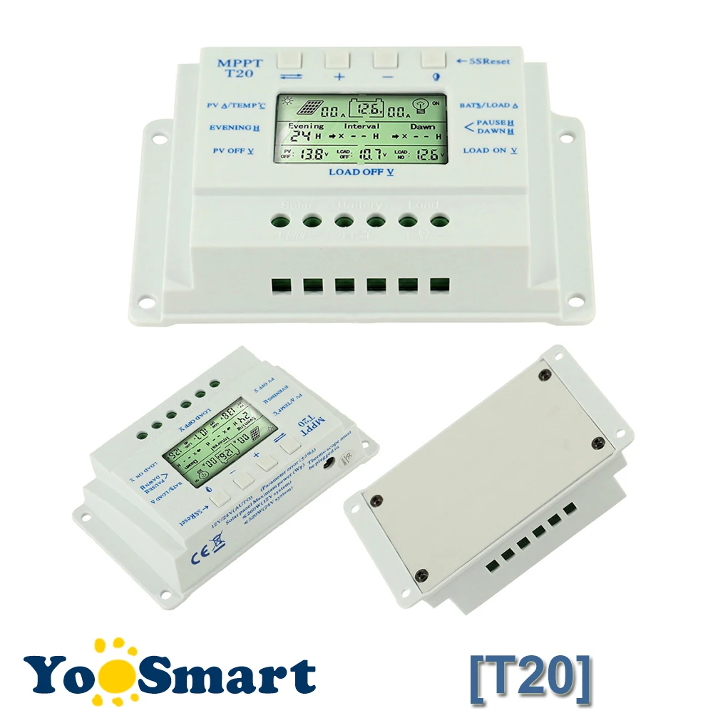 20A Solar Charge Controller 12V 24V LCD Solar Panel Regulator Dual Timer Function for Solar Lighting System Solar Controller T20 20A Solar Charge Controller 12V 24V LCD Solar Panel Regulator Dual Timer Function for Solar Lighting System Solar Controller T20