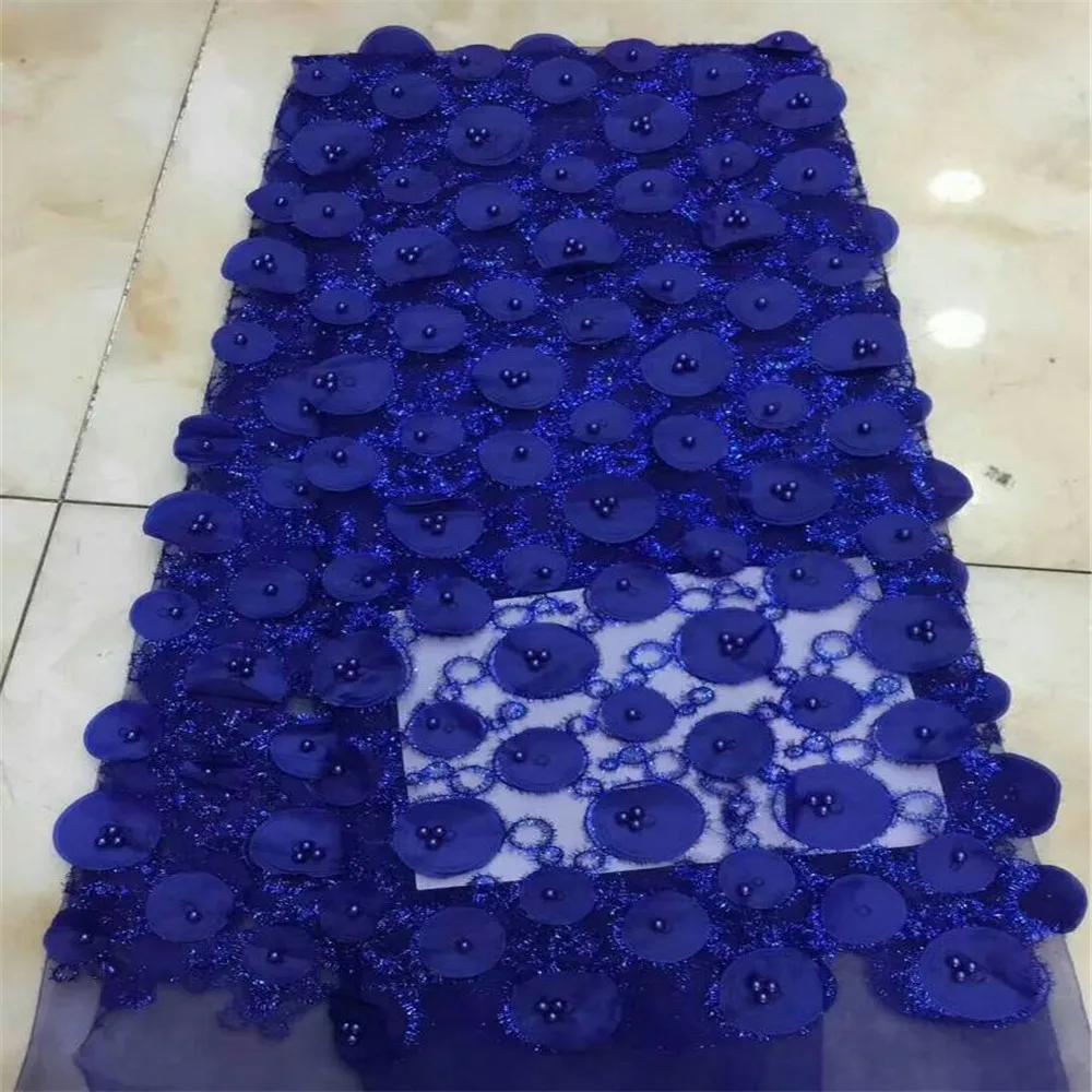 

Beautiful Royal Blue 3D lace fabric, French lace fabric with highlights and beads, for wedding gowns / parties HJ264-1