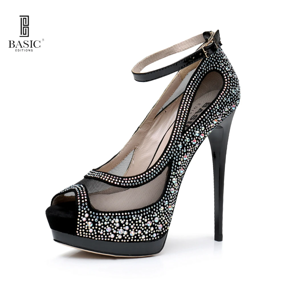 

Basic Editions Women Tall Stilettos Suede Leather Mesh Crystal Decoration Platform Peep Toes High Heel Pump Shoes - H200-5-A