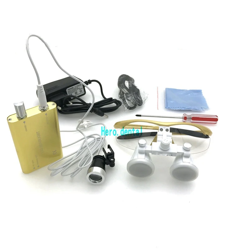 Стоматологические лупы 3,5X 420 мм, хирургические увеличительные очки, стоматологическое оборудование, хирургическая стоматологическая лупа со светодиодным налобным фонарем - Цвет: Golden