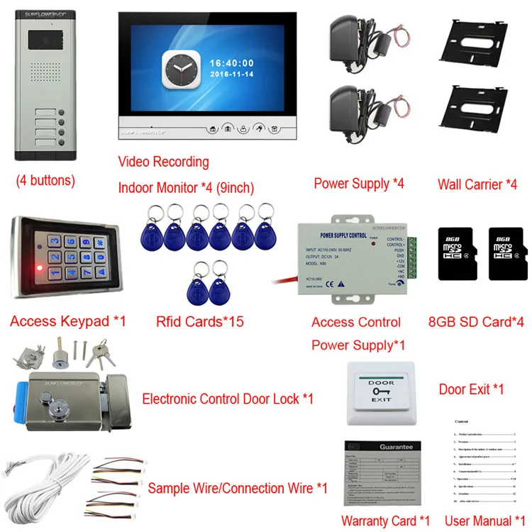 Система контроля доступа клавиатура 4 видео для квартир дверь запись с замком 9 "цвет 8 Гб SD карты запись Rfid домофон дверные звонки комплект