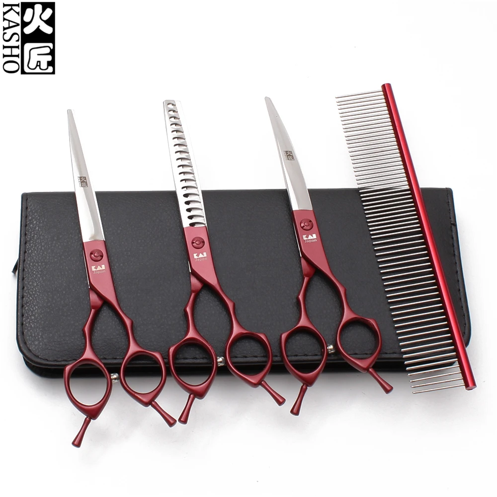 

7INCH JP 440C Kasho Red Grooming Shears Cutting Scissors Thinning Shears Down Curved Shears Pet Scissors Dog Grooming Kit H3009