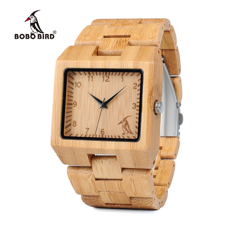 BOBO BIRD Timepieces Bamboo Wooden Men Watches Top Luxury Brand Rectangle Design Wood Band Watch for men