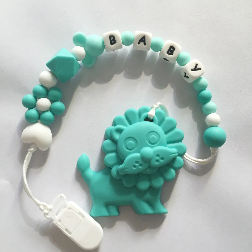 

Personalized Name Silicone Teething Pacifier Clips with Lion Silicone teether Pacifier Chain Necklace for Baby Chew Toys