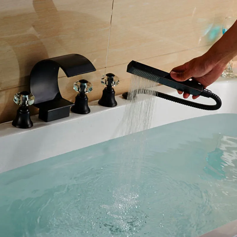 Wholesale and Retail Bathroom 5 piece Tub Faucet Three Crystal Handle one hand shower Oil Rubbed
