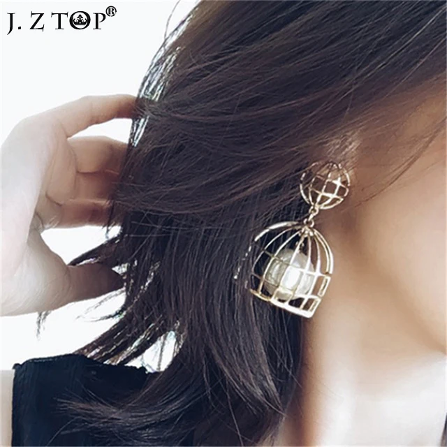 

Exaggeration Design Metal Hollow Bird Cage Imitation Pearl Stud Earrings Fine Geometric Pendant Earrings Big Pendientes
