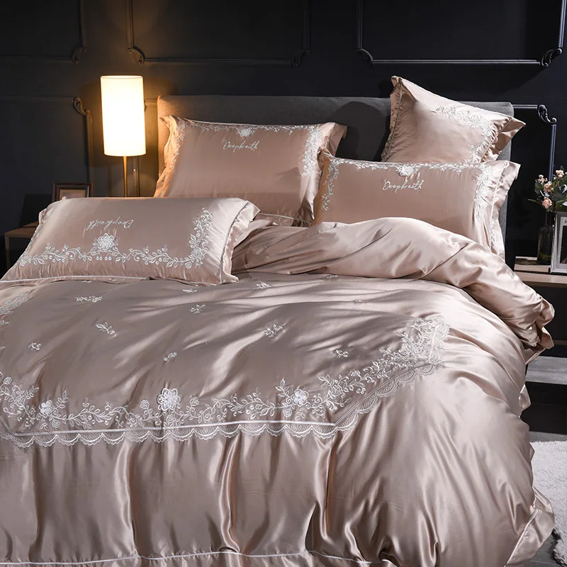 

Luxury Bedding Set embroidery Bed Set champagne Bed Sheet two-sided Duvet Cover Set Queen King Size Bed Linen