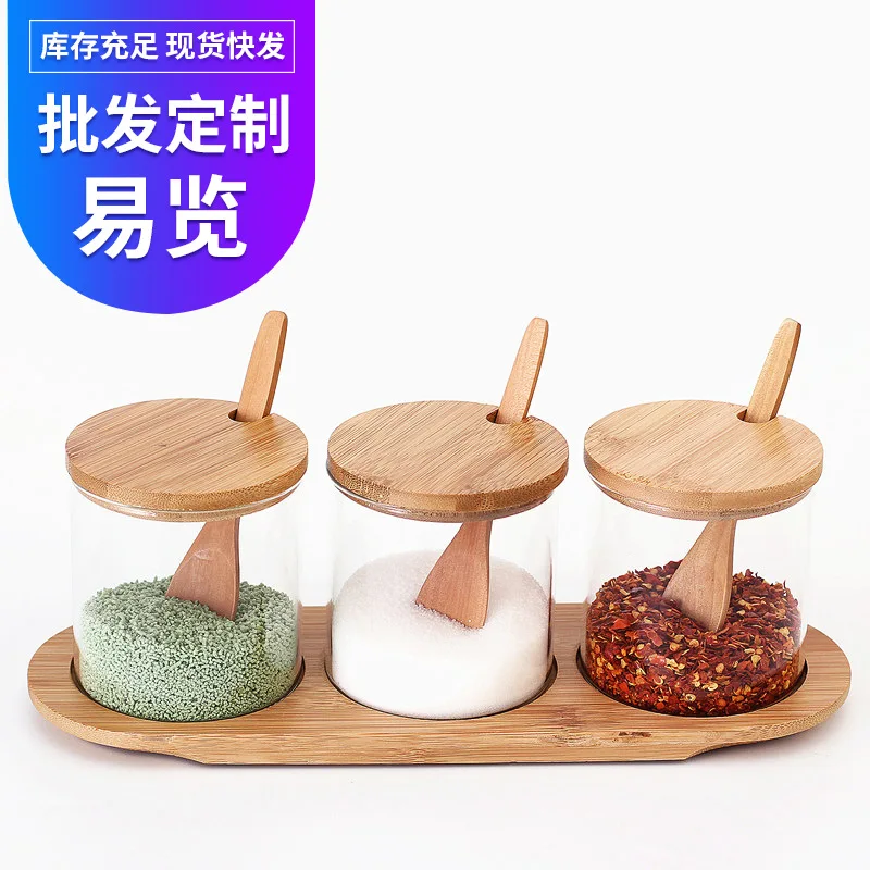 

Kitchenware Condiment Pot Condiment Box Glass Three-piece Package, Combination of Bamboo Salt Bottle Condiment Pot