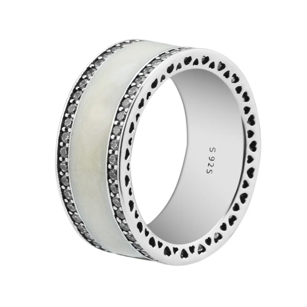 

Authentic 925 Sterling Silver Hearts of Ring With Silver Enamel & Clear CZ for Women DIY Fine Jewelry SR117