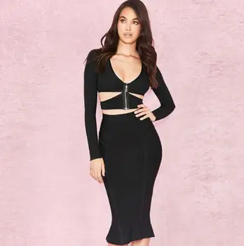 

top quality sexy full trumpet black v-neck low bosom bodycon party evening pub women bandage dress suits wholesale