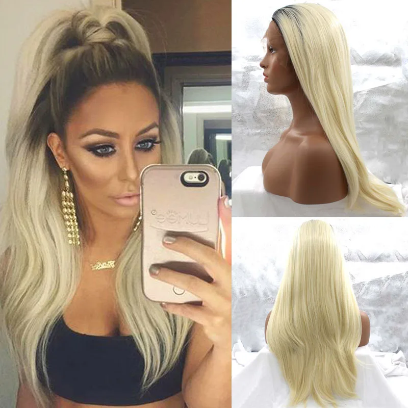 

Natural Blonde Dark Roots Blonde Hair Wig for Women Synthetic Lace Front Wig Premium Heat Resistant Hair Natural Straight Stock