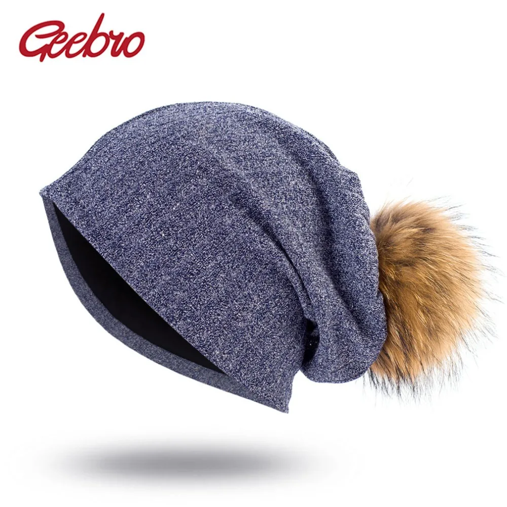 

Geebro Spring Women's Ribbed Beanies with Raccoon Fur Pompom Autumn Cotton Solid Stripe Hats For Ladies Skullies Beanie Cap